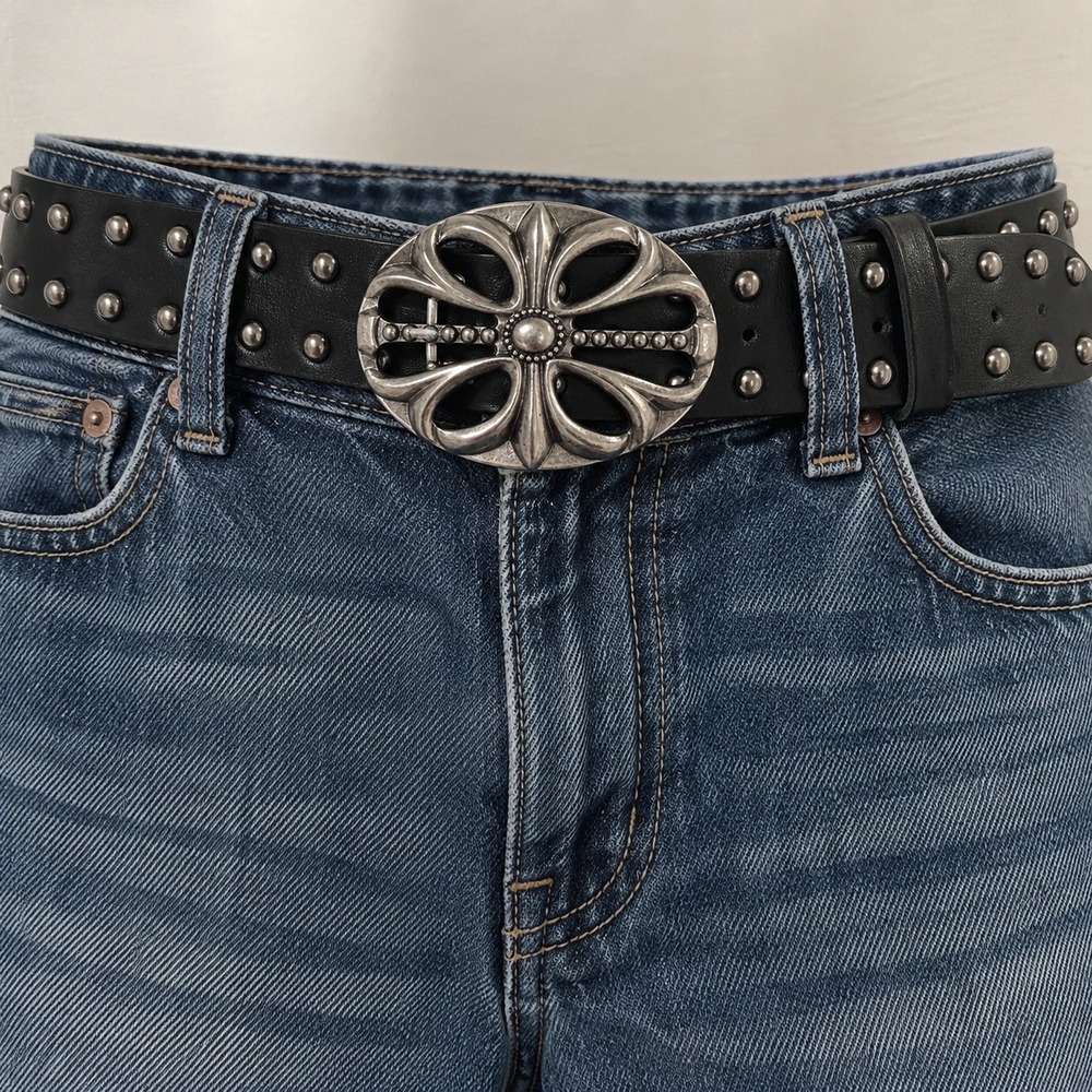 Black Studded Faux Leather Belt with Silver Filigree Cross Buckle Edgy Western